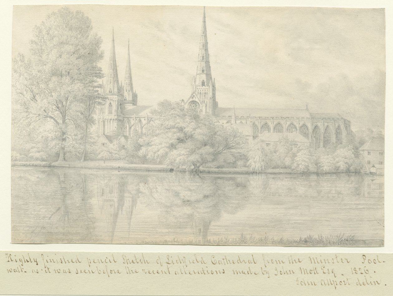 利奇菲尔德大教堂（Lichfield Cathedral）-西南视图：铅笔画 作者 约翰·奥尔波特