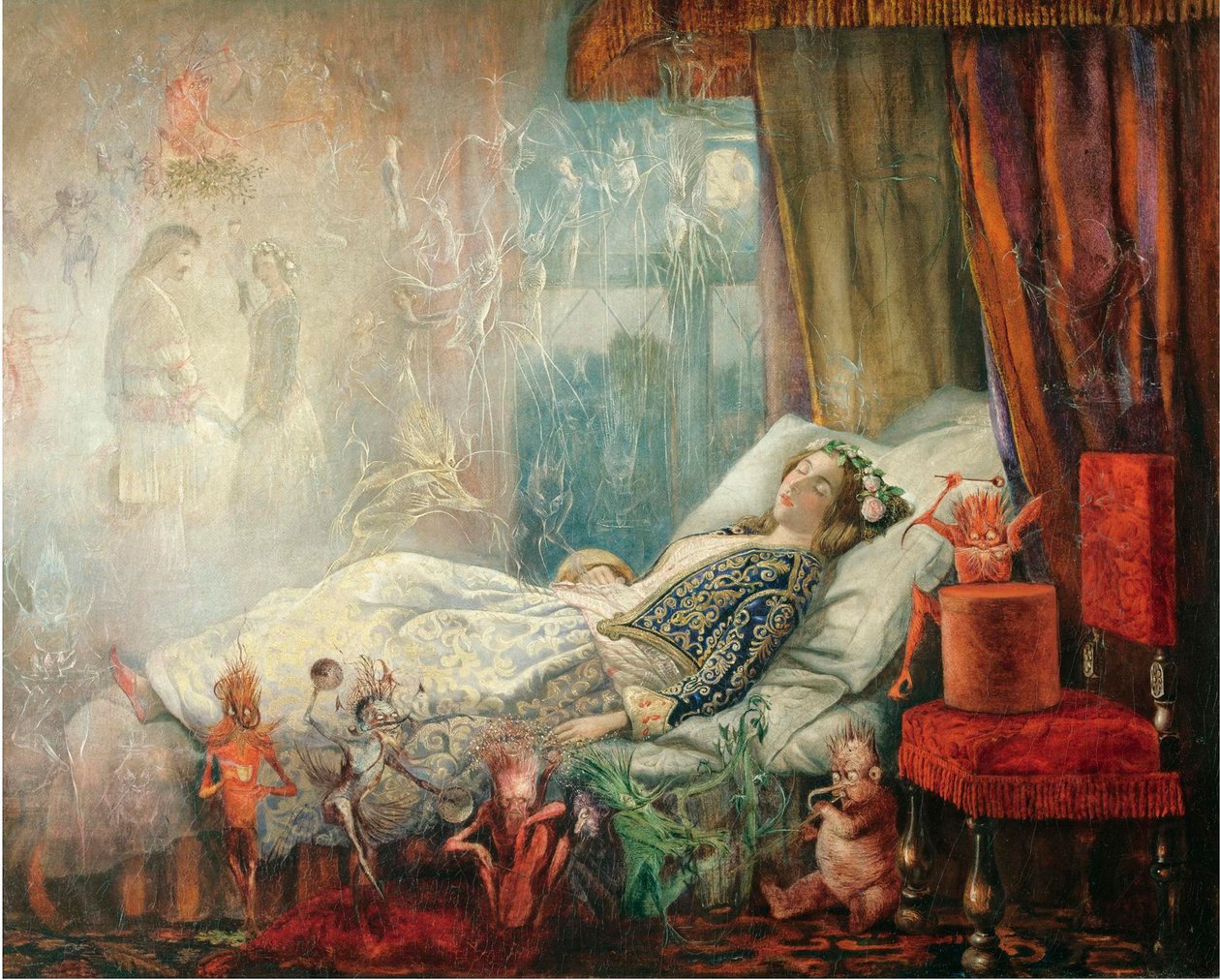 ""Le reve apres le bal masque"" (The dream after the masked ball) Peinture de John Anster Fitzgerald (1832-1906), - Oil on canvas, 35,5x44,5 - Private Collection 作者 约翰·安斯特·菲茨杰拉德