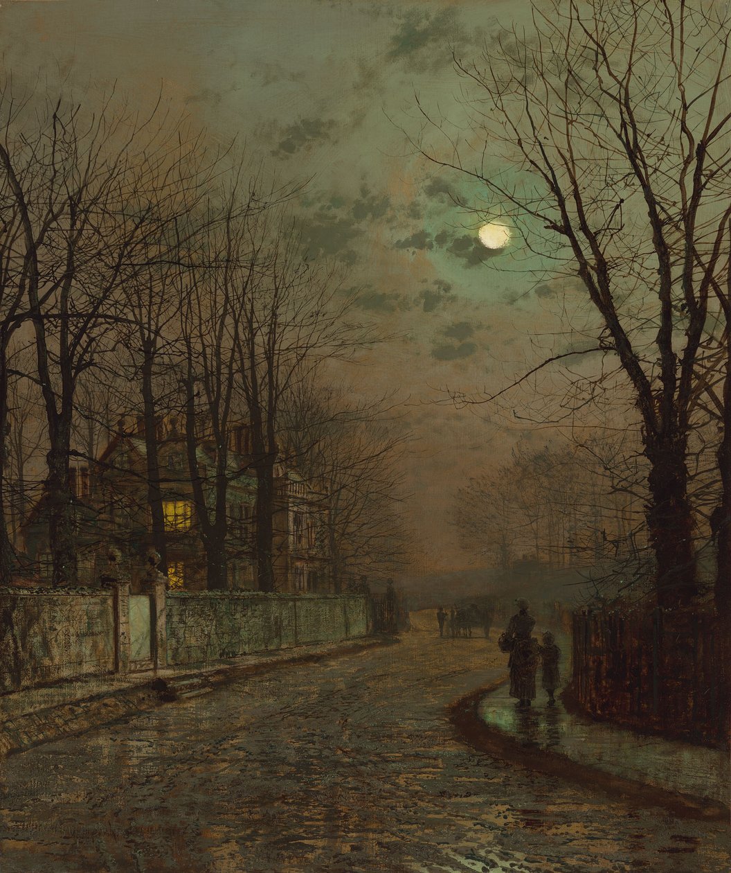 约翰-阿特金森-格里姆肖（John Atkinson Grimshaw）1886 年创作的约克郡克诺斯特罗普潮湿的道路 作者 约翰·阿特金森·格里姆肖