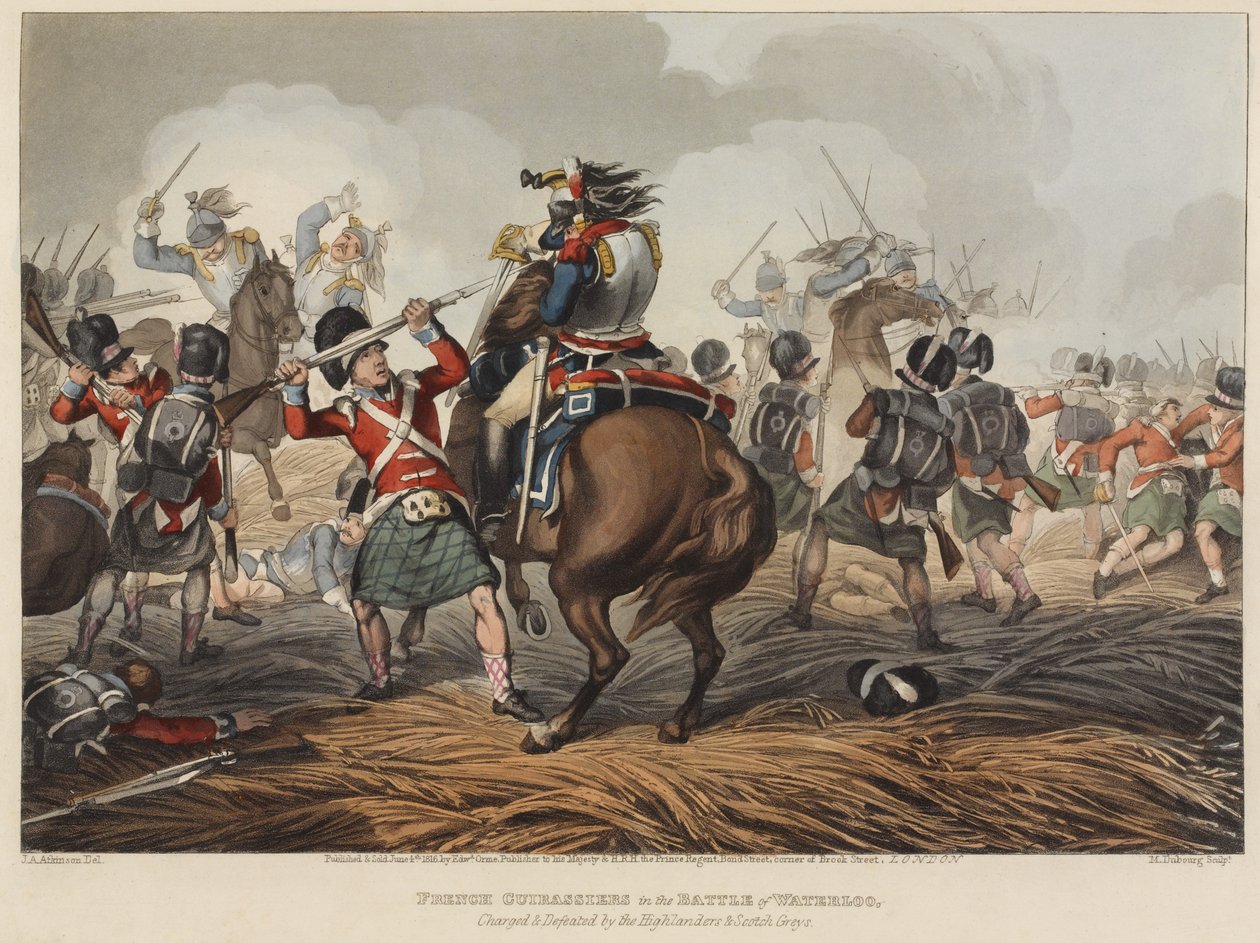 滑铁卢战役中的法国胸甲骑兵被高地人和苏格兰灰人击败，1819年由M. Dubourg雕刻（彩色aquatint） 作者 约翰·奥古斯都·阿特金森