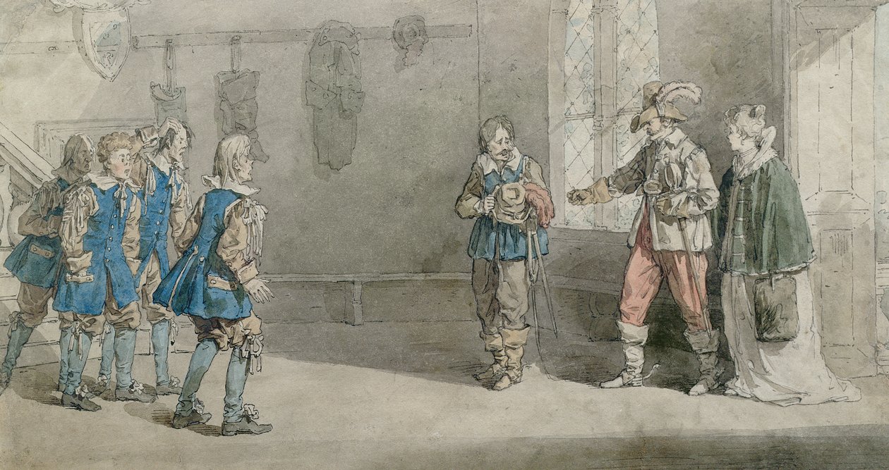 Petruchio，Katarina和仆人在“驯悍记”的场景中，1815年（纸和笔在纸上） 作者 约翰·奥古斯都·阿特金森