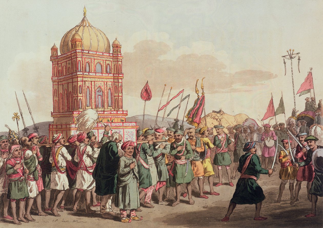 来自&39;A Mahratta Camp&39;的Taziya游行，1813年4月5日（彩色雕刻） 作者 约翰·奥古斯都·阿特金森