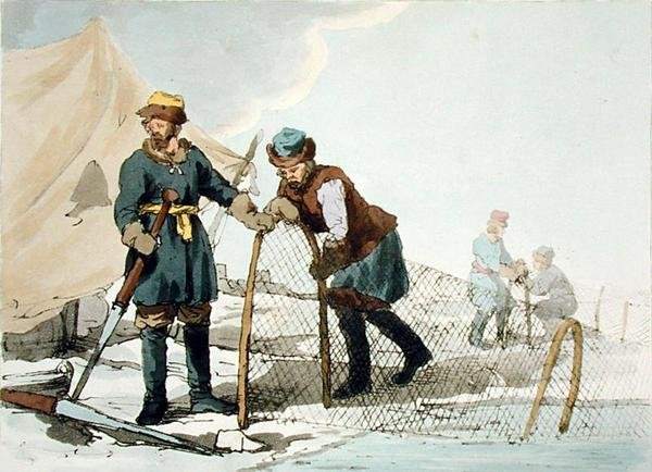 冬日捕鱼》，由艺术家蚀刻，1804年出版（彩色平印）。 作者 约翰·奥古斯都·阿特金森
