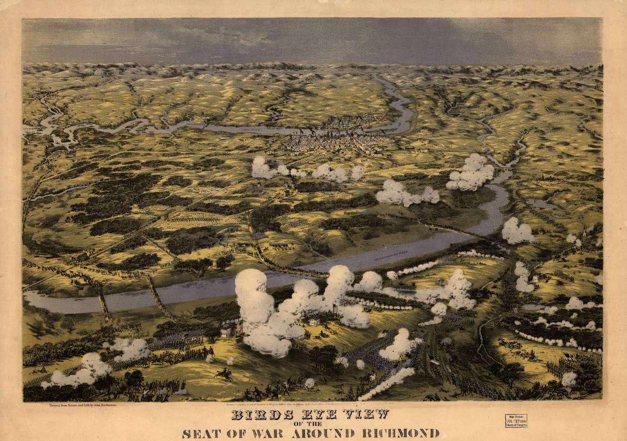 里士满周围的鸟瞰图，显示奇卡霍米尼河战役，1862 年 6 月 29 日 LOC 99448489 作者 约翰·巴赫曼