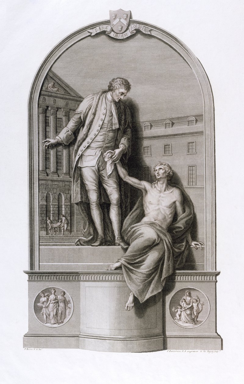 位于Southwark的Guy&39;s医院的Thomas Guy先生（1645-1724）的纪念碑，由Francesco Bartolozzi（1727-1815）雕刻，1784年 作者 约翰·培根