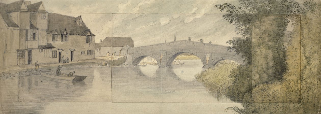 牛津大学海斯桥，1789年（三张纸上的石墨水彩贴在更大的纸上） 作者 约翰·浸信会