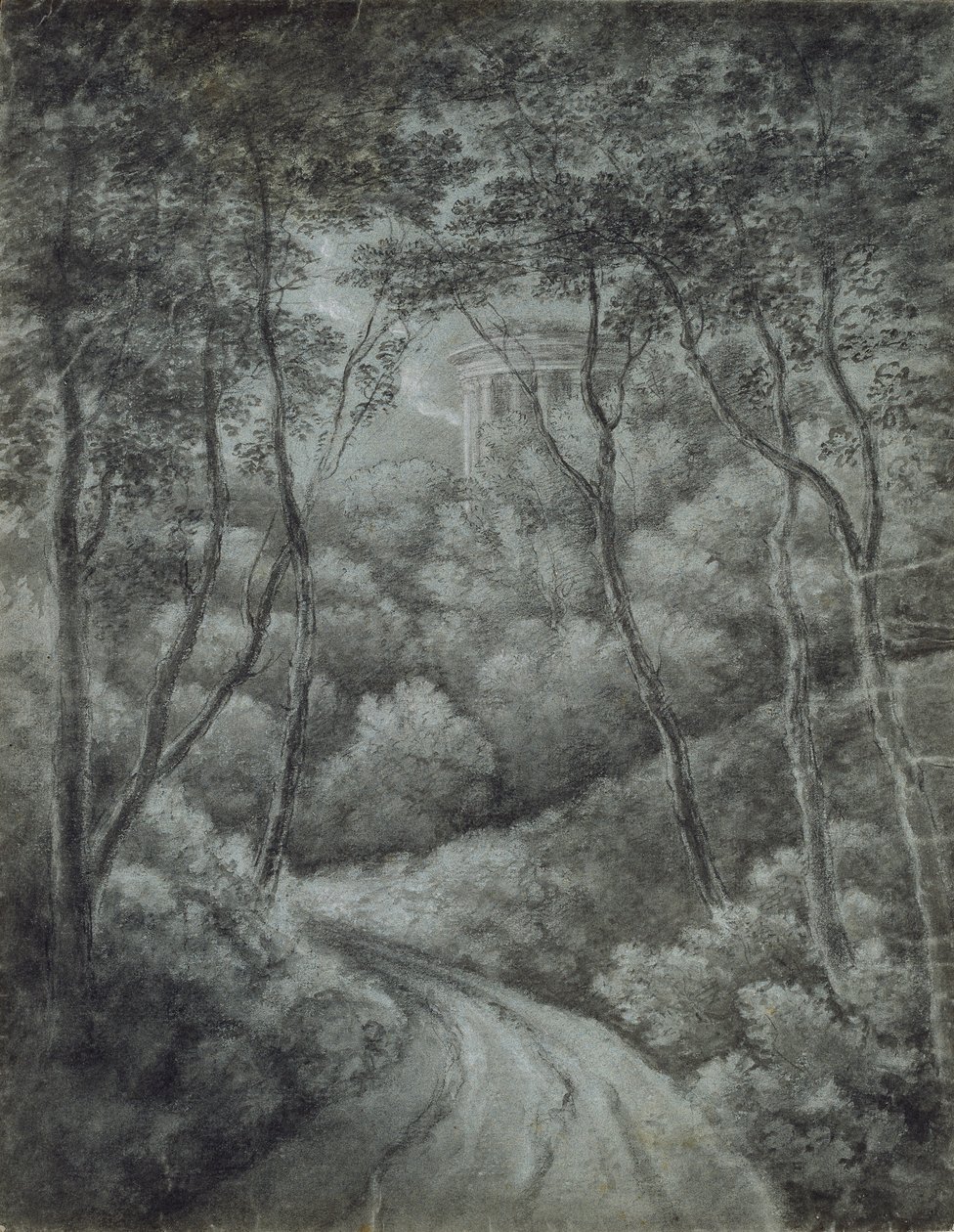 穿过森林的小路和古典的寺庙的风景，18世纪末。 作者 约翰·浸信会