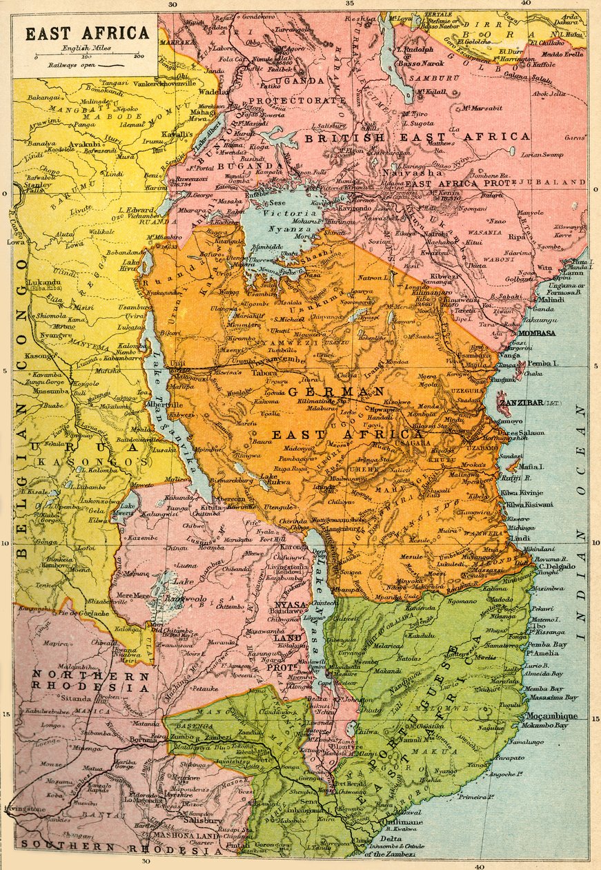 东非地图，第一次世界大战，摄于1920年。 作者 约翰·巴塞洛缪和儿子