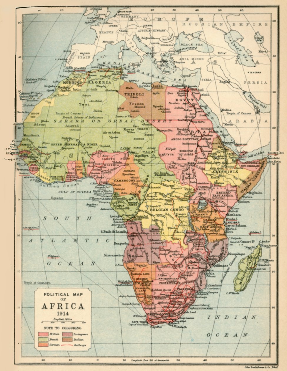 非洲政治地图，1914年，1920年。 作者 约翰·巴塞洛缪和儿子