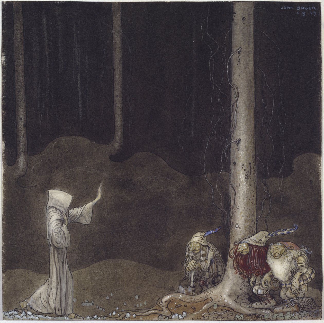 马丁兄弟和三只巨魔》，作者是鲍尔，约翰（1882-1918）。纸上水彩画 作者 约翰·法默