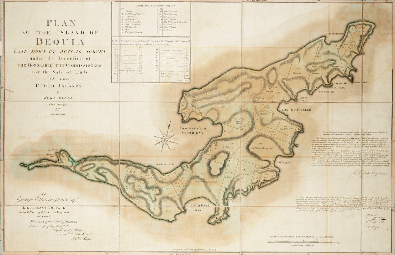 约翰-拜尔斯（John Byres），首席测量师，1776 年，根据尊敬的割让群岛土地销售专员的指示，通过实际测量绘制的贝基亚岛平面图 作者 约翰·贝利