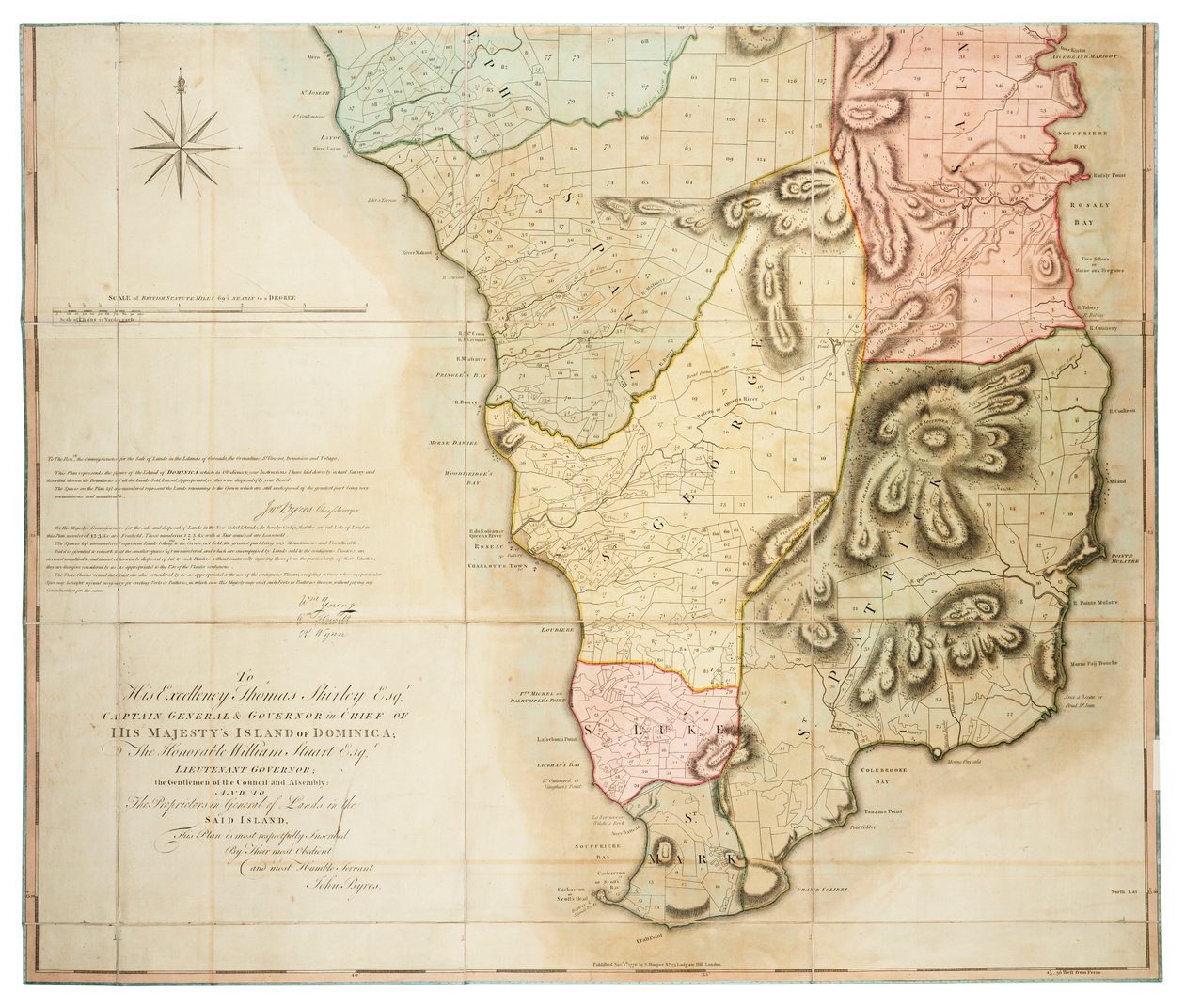 1776 年，约翰-拜尔斯（John Byres）首席测量师在尊敬的割让群岛土地销售专员的指导下，通过实际测量绘制的多米尼克岛平面图。 作者 约翰·贝利