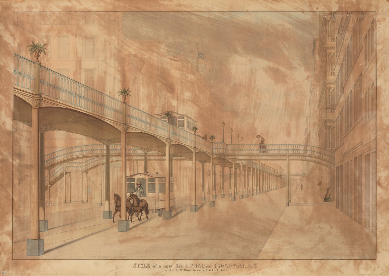 高架铁路，百老汇，纽约，1861年。 作者 约翰·贝格尔