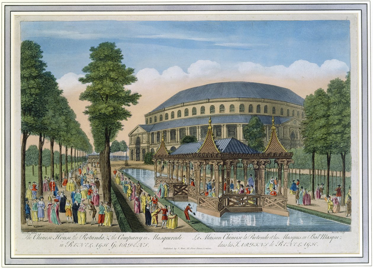 Ranelagh Gardens中的中国之家，圆形大厅和公司化妆舞会（彩色aquatint） 作者 约翰·鲍尔斯