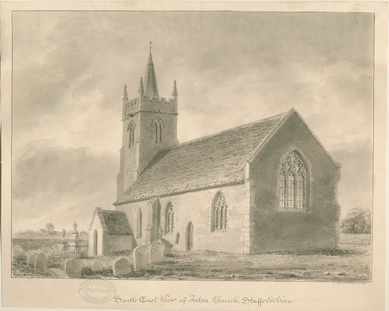 Acton Trussell教堂：棕褐色绘画，1841年 作者 约翰·巴克勒
