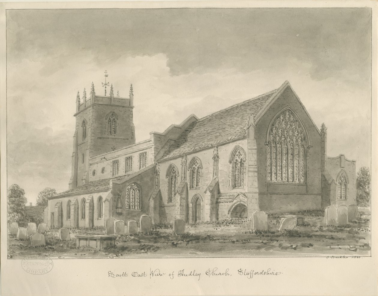 奥德利教堂（Audley Church）：棕褐色素描，1840年 作者 约翰·巴克勒