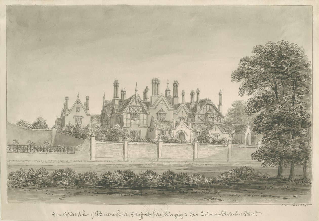 在Needwood下的Barton-“ Barton Hall”：棕褐色画，1839年 作者 约翰·巴克勒
