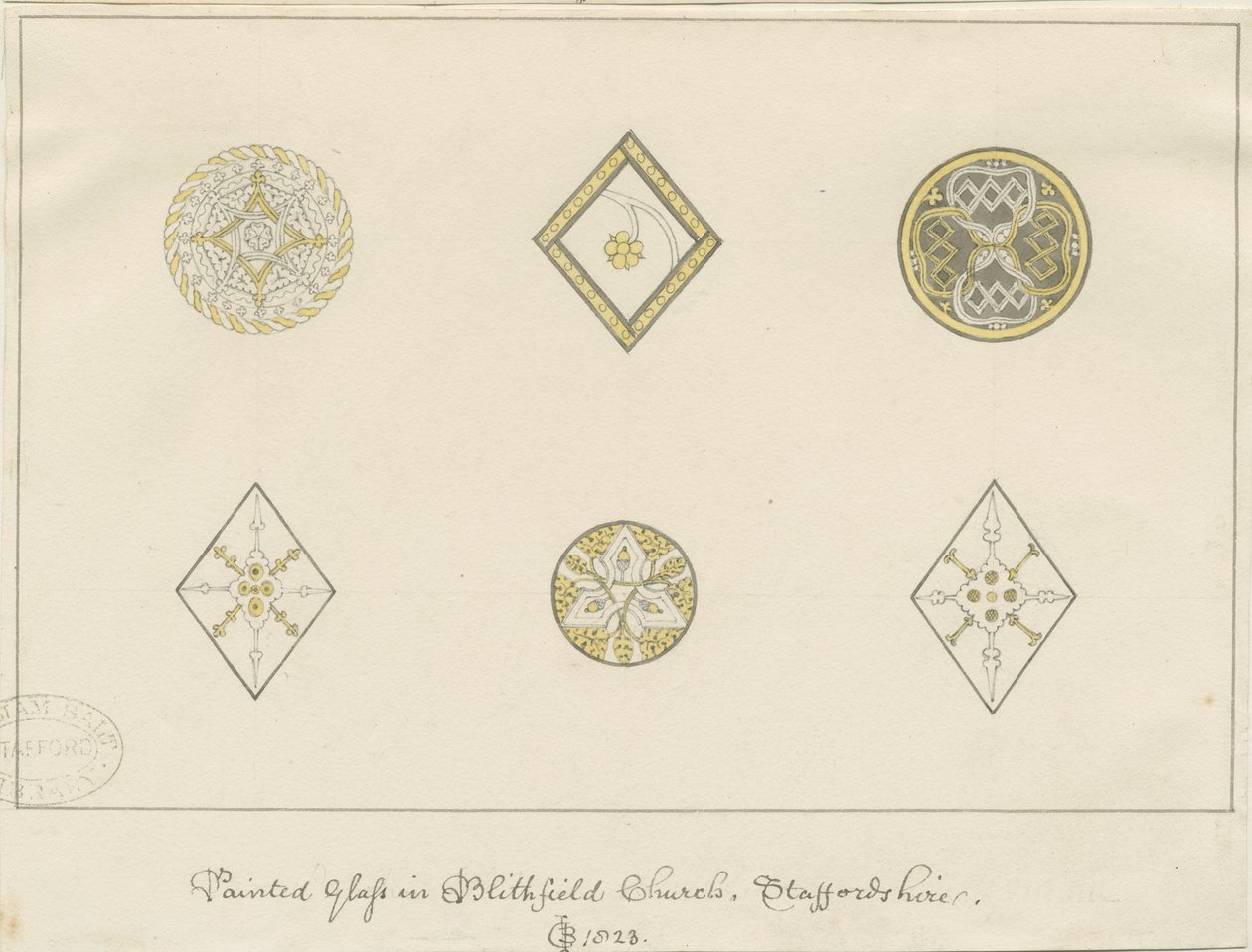 Blithfield教堂-彩绘玻璃：铅笔素描，1823年 作者 约翰·巴克勒