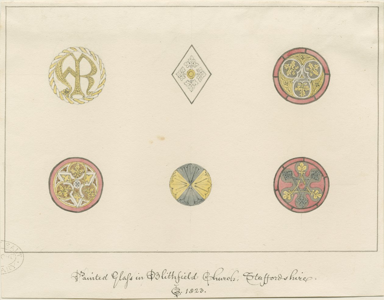 Blithfield教堂-彩绘玻璃：铅笔素描，1823年 作者 约翰·巴克勒