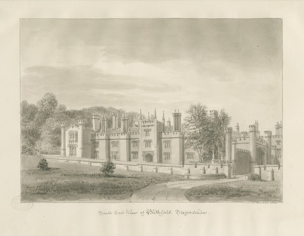 Blithfield Hall：棕褐色绘图，1823年 作者 约翰·巴克勒