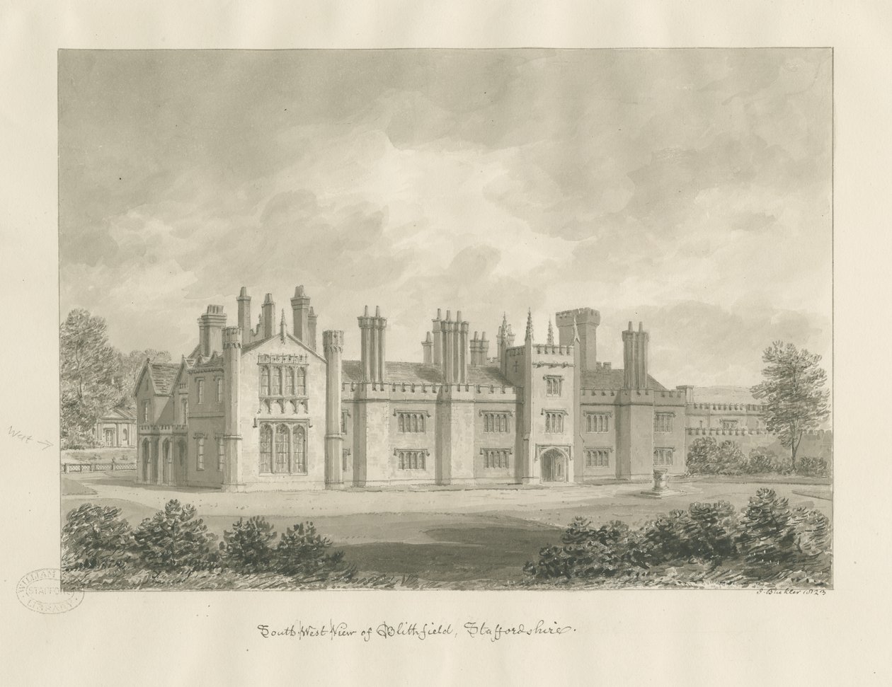 Blithfield Hall：棕褐色绘图，1823年 作者 约翰·巴克勒