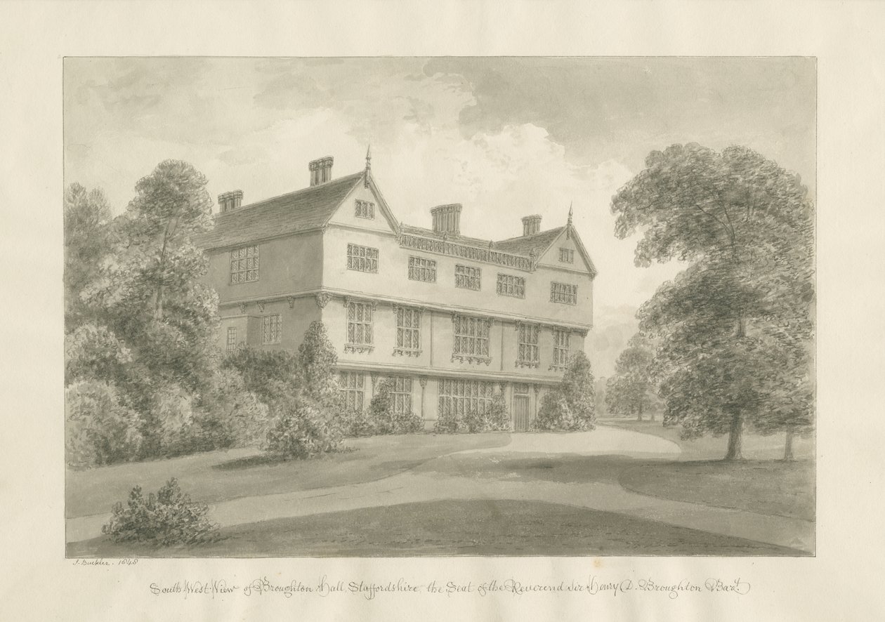 布劳顿·霍尔（Broughton Hall）：棕褐色素描，1848年 作者 约翰·巴克勒