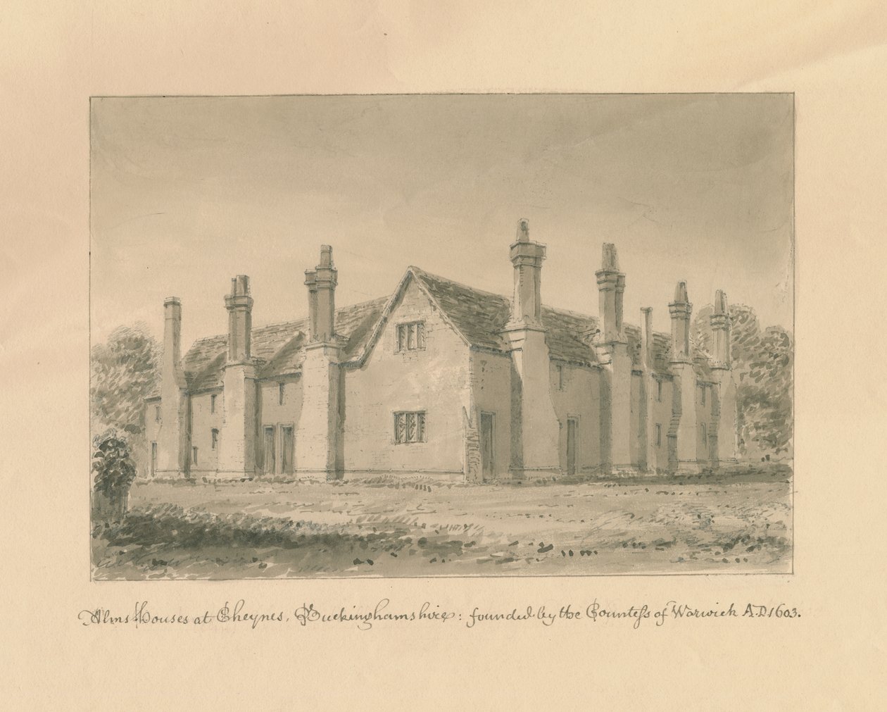 白金汉郡-Chenies Hall-Alms Houses：棕褐色绘画，1824年 作者 约翰·巴克勒