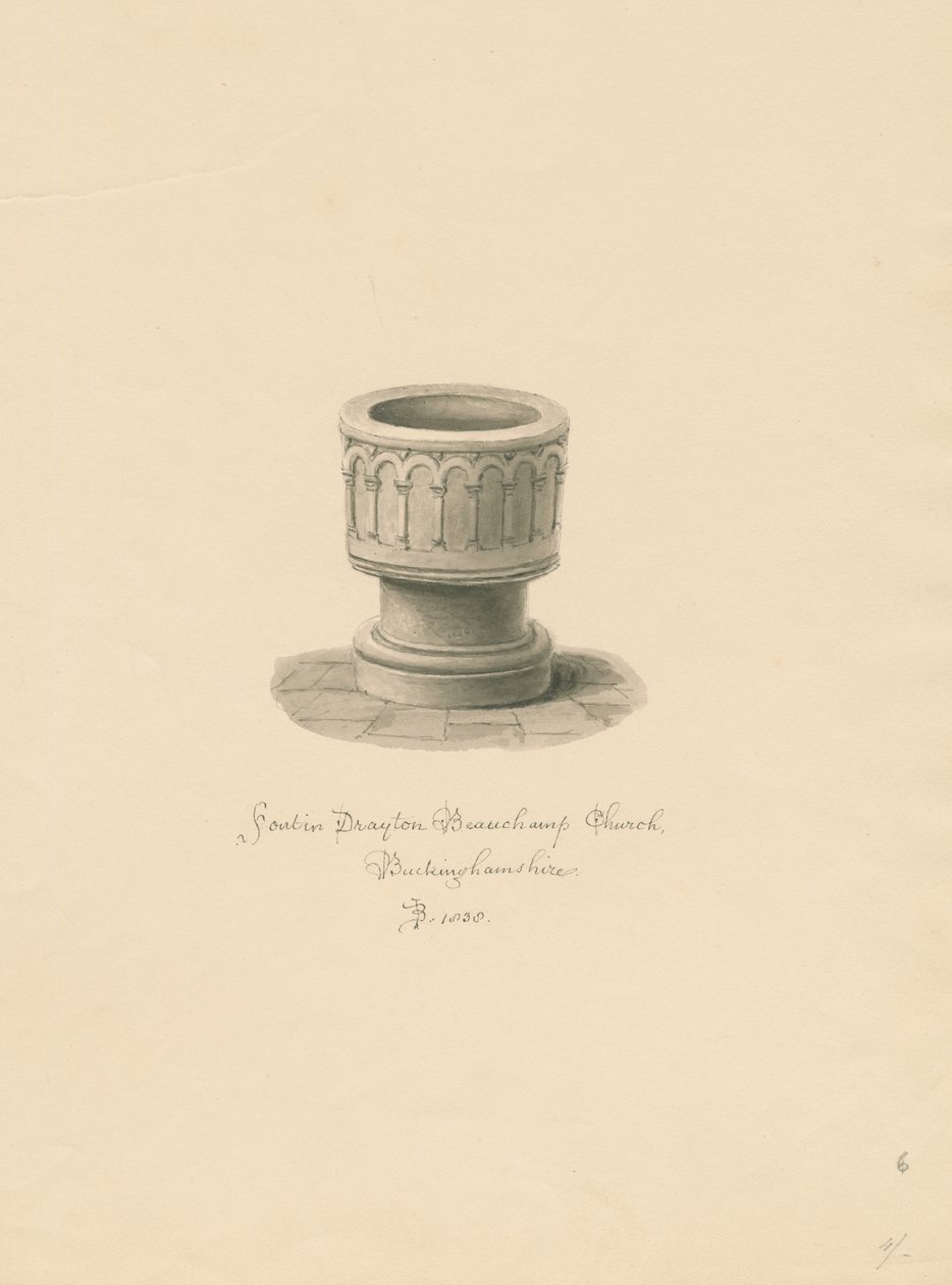 白金汉郡-德雷顿·波尚教堂：棕褐色绘画，1838年 作者 约翰·巴克勒