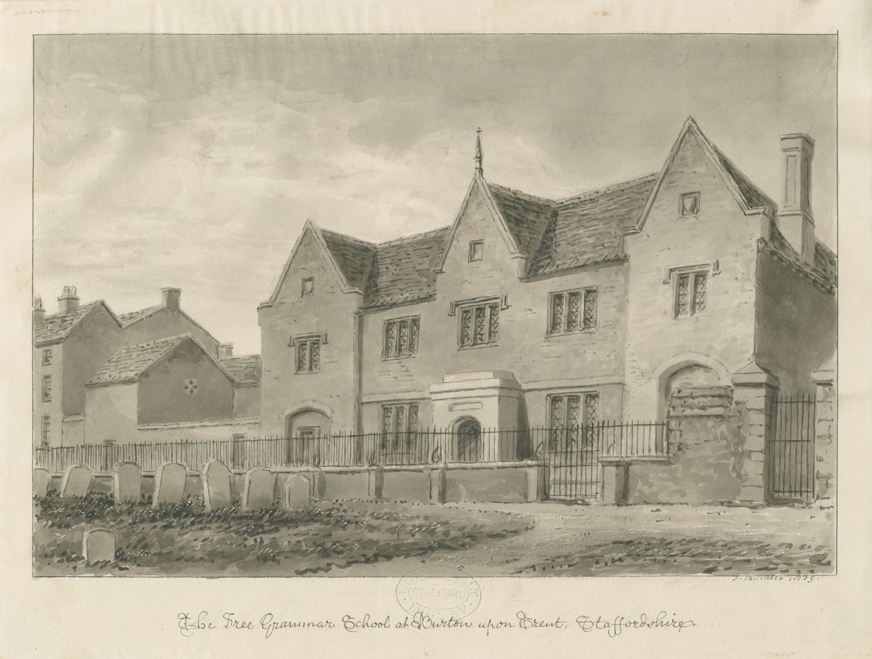Burton-upon-Trent - Grammar School: sepia drawing 作者 约翰·巴克勒