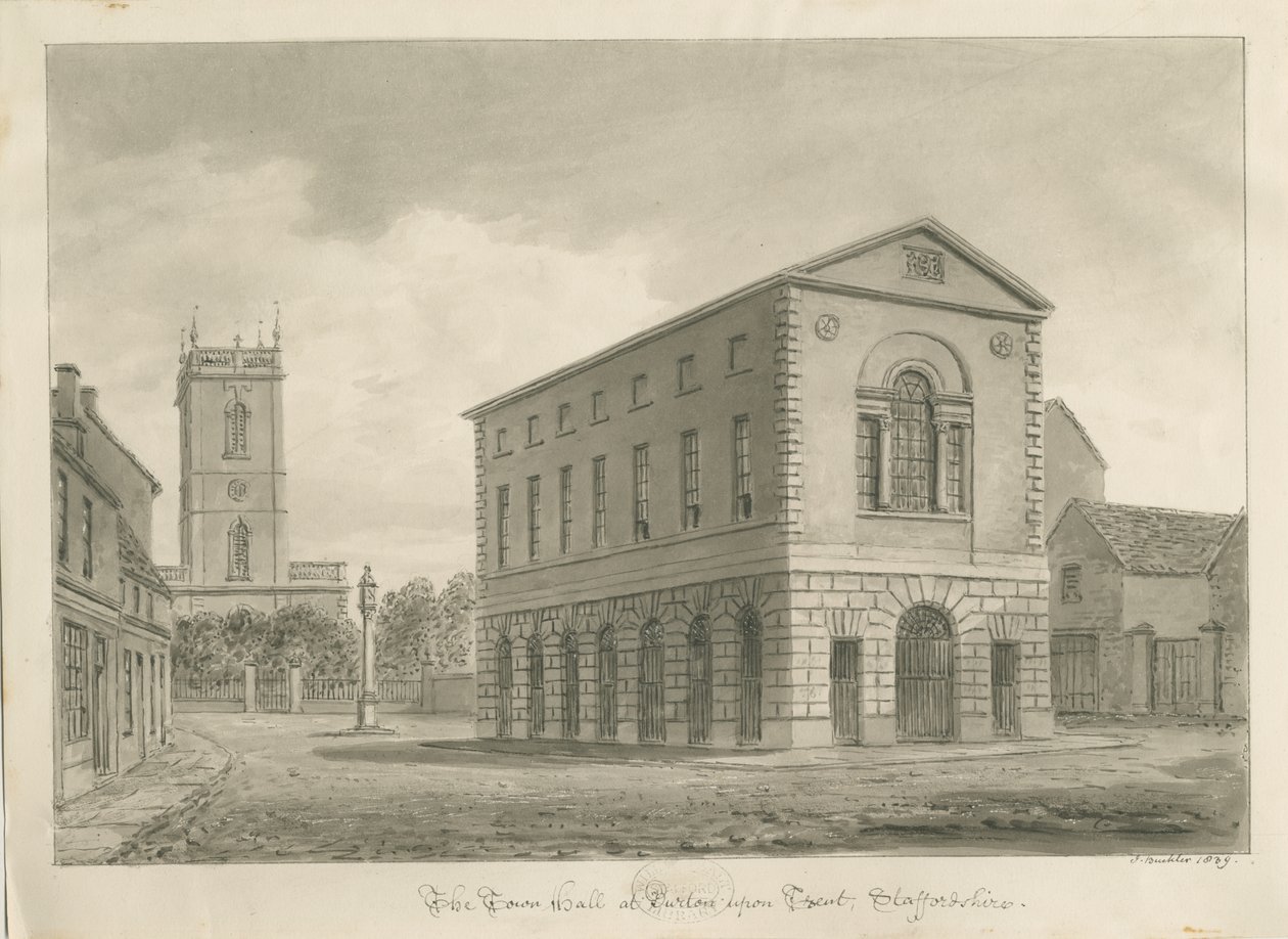 Burton-upon-Trent - Town Hall: sepia drawing 作者 约翰·巴克勒