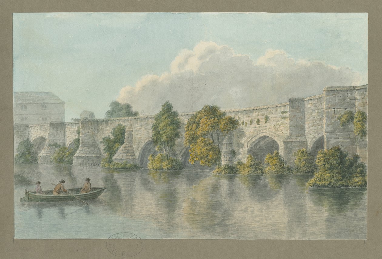 特伦特河畔伯顿大桥和小镇：水彩画，nd [？18th cent] 作者 约翰·巴克勒