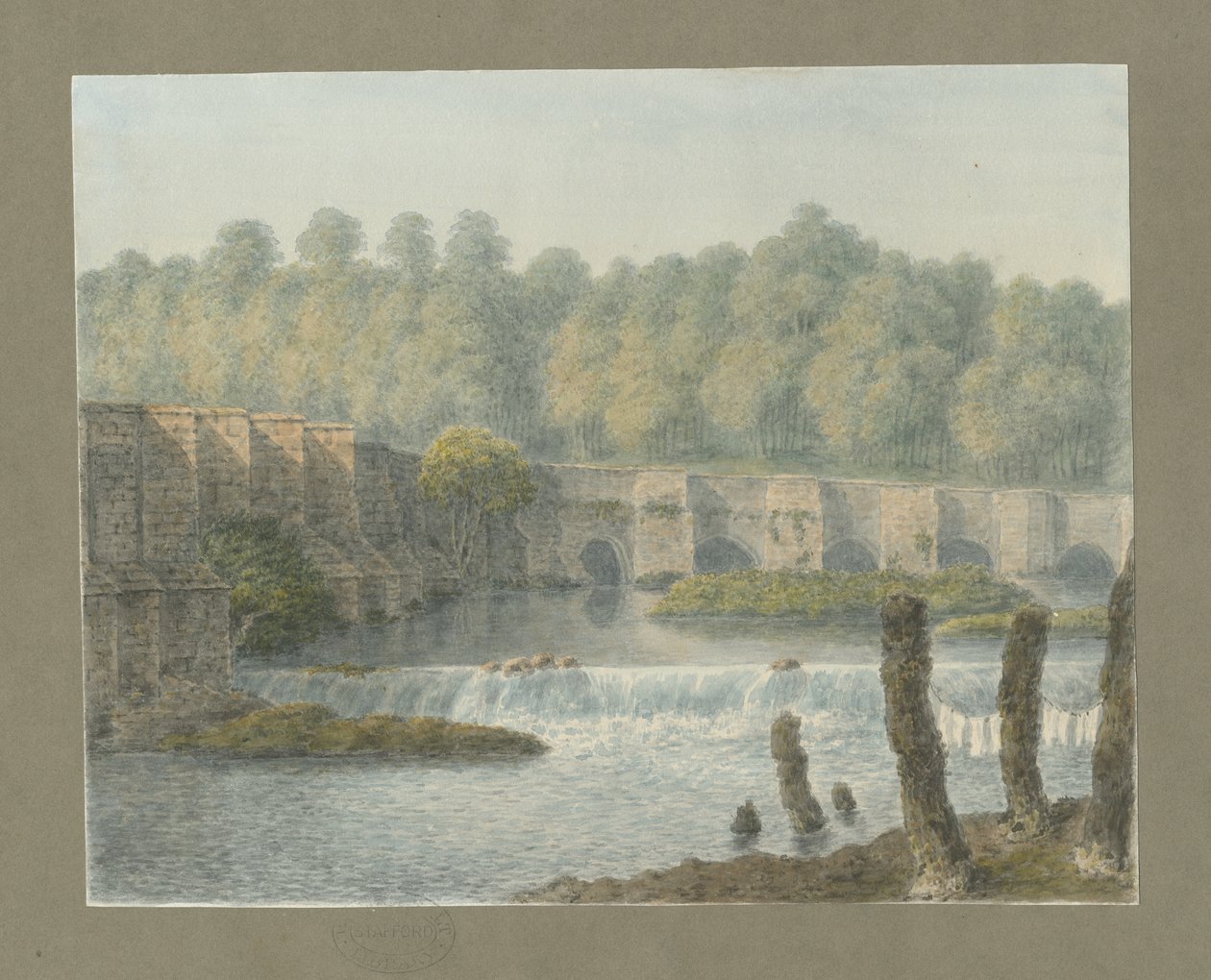 特伦特河畔伯顿大桥和小镇：水彩画，nd [？18th cent] 作者 约翰·巴克勒