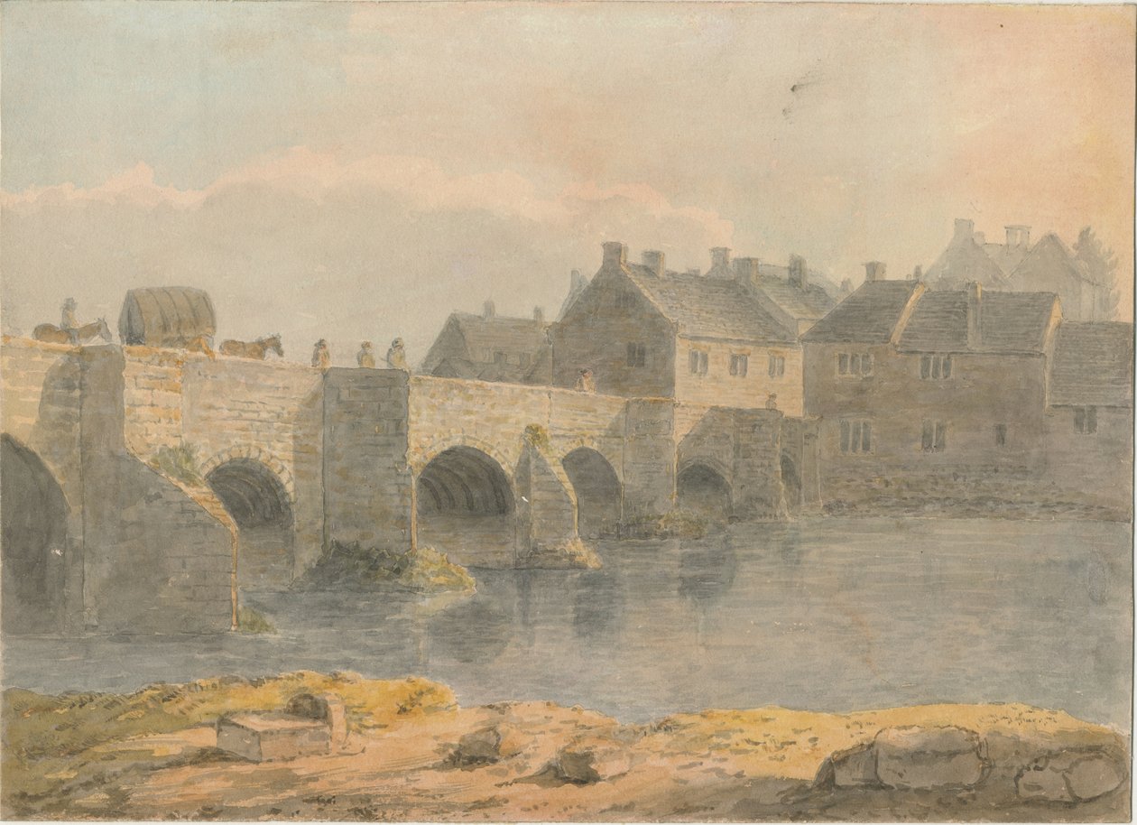 特伦特河畔伯顿大桥和小镇：水彩画，nd [？18th cent] 作者 约翰·巴克勒