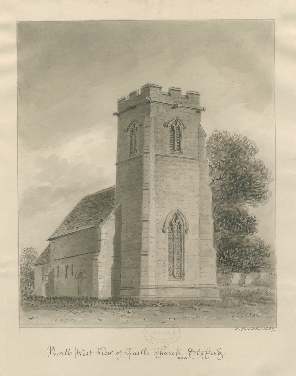 Castle Church - Church: sepia drawing 作者 约翰·巴克勒