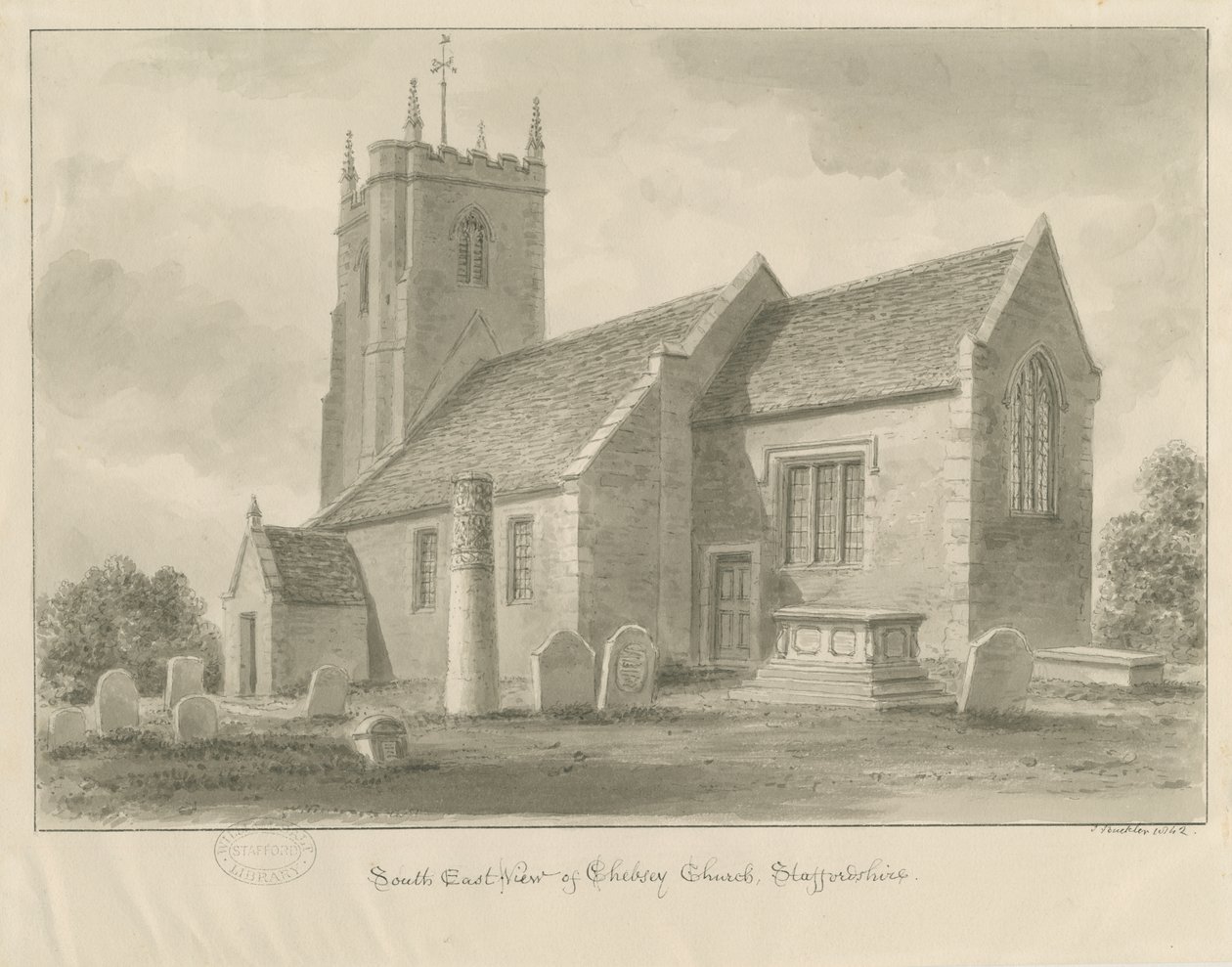 Chebsey Church: sepia drawing 作者 约翰·巴克勒