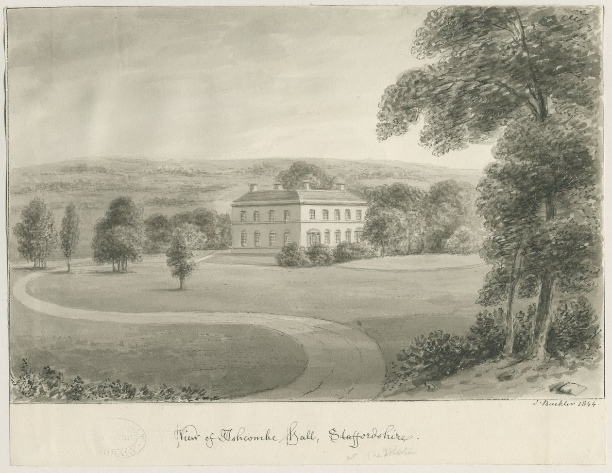 Cheddleton-Ashcombe Hall：棕褐色绘画，1844年 作者 约翰·巴克勒