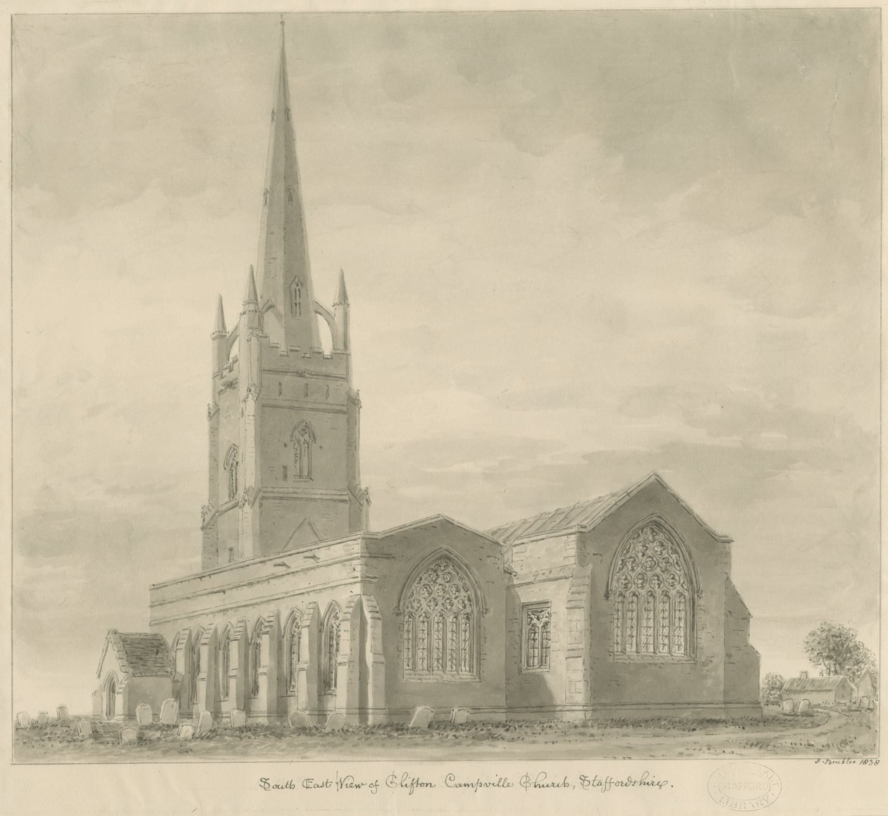 Clifton Campville Church: sepia drawing 作者 约翰·巴克勒