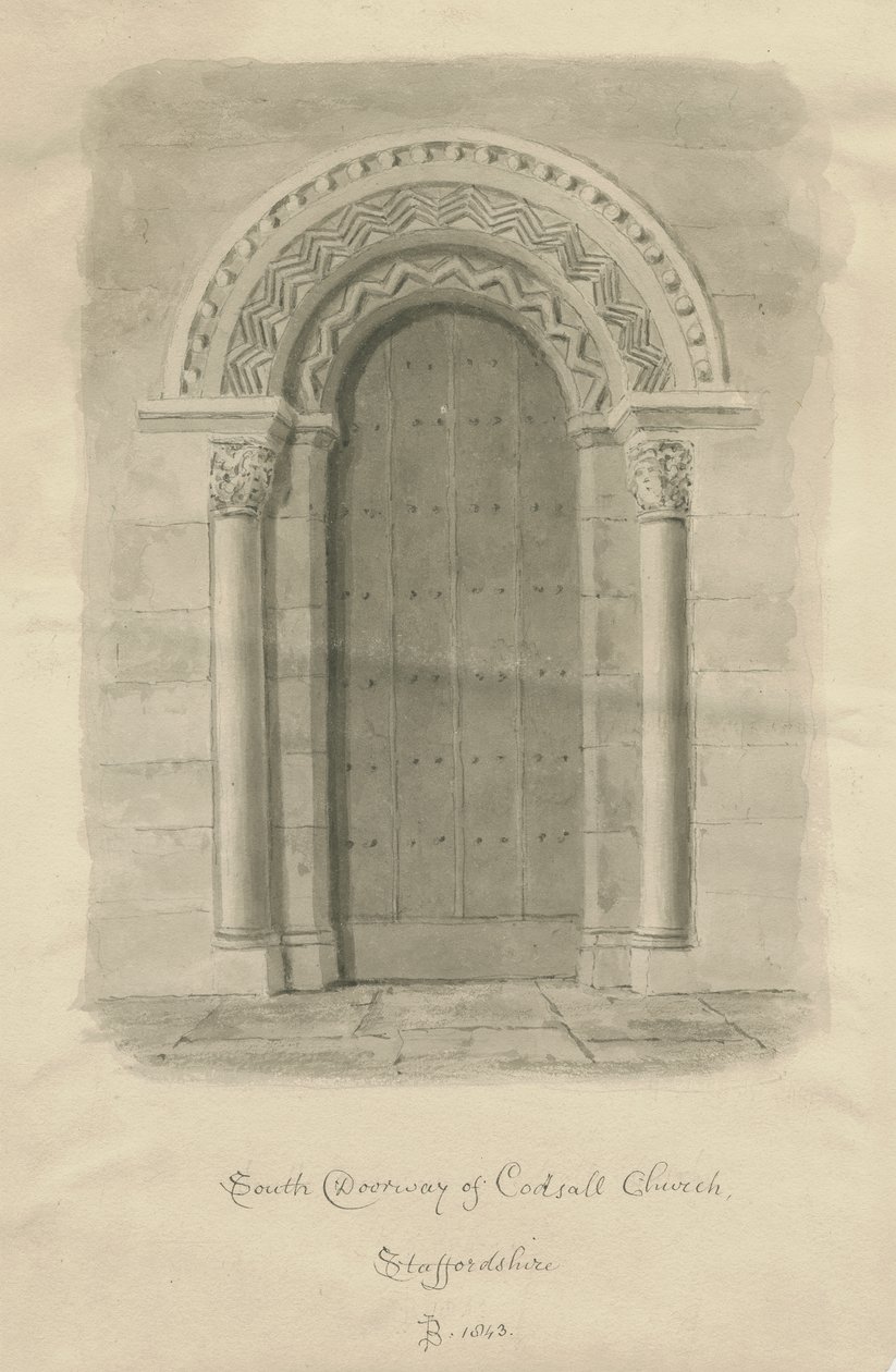 Codsall Church - South Doorway: sepia drawing 作者 约翰·巴克勒
