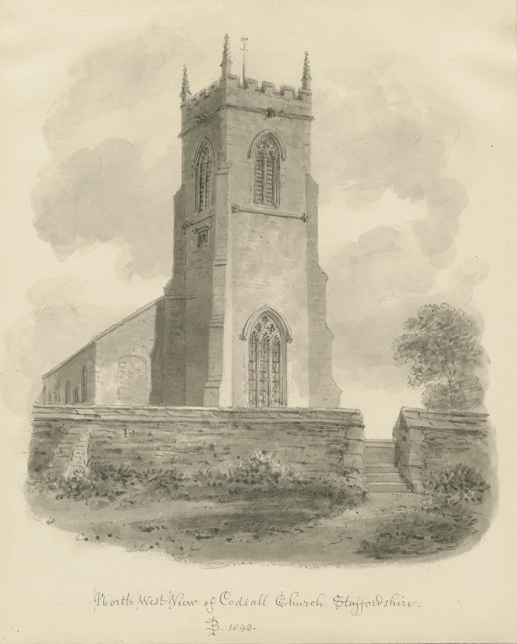 Codsall Church: sepia drawing 作者 约翰·巴克勒