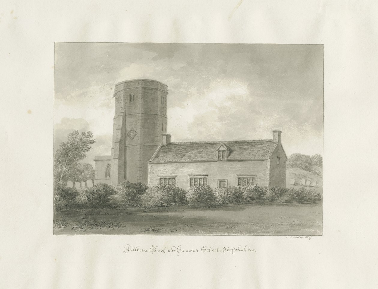 Dilhorne - Church and Grammar School: sepia drawing 作者 约翰·巴克勒