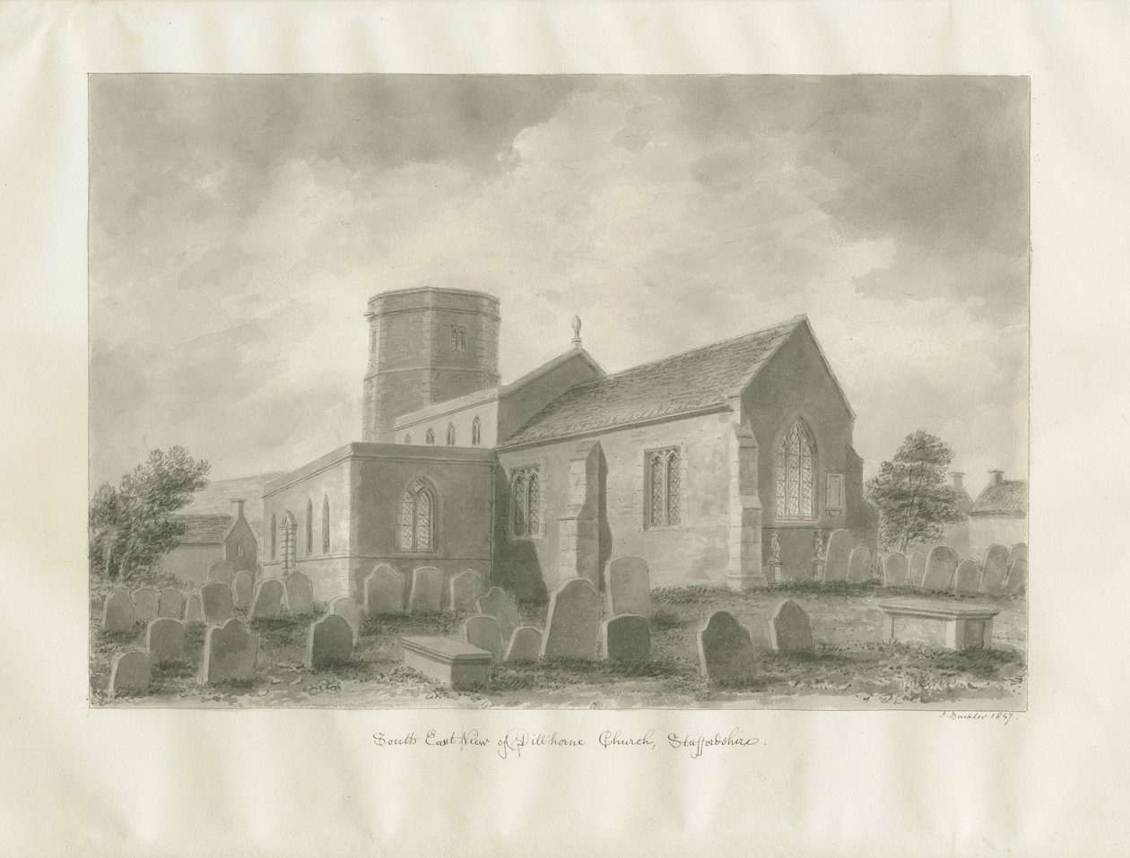 Dilhorne Church: sepia drawing 作者 约翰·巴克勒