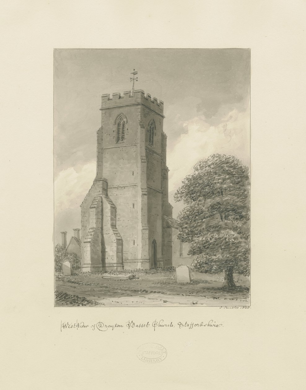 德雷顿·巴塞特教堂（Drayton Bassett Church）：棕褐色素描，1838年 作者 约翰·巴克勒