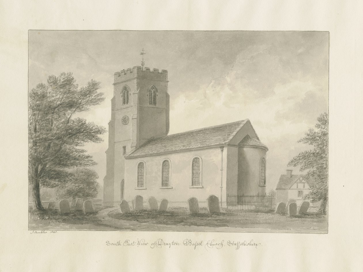 德雷顿·巴塞特教堂（Drayton Bassett Church）：棕褐色素描，1848年 作者 约翰·巴克勒