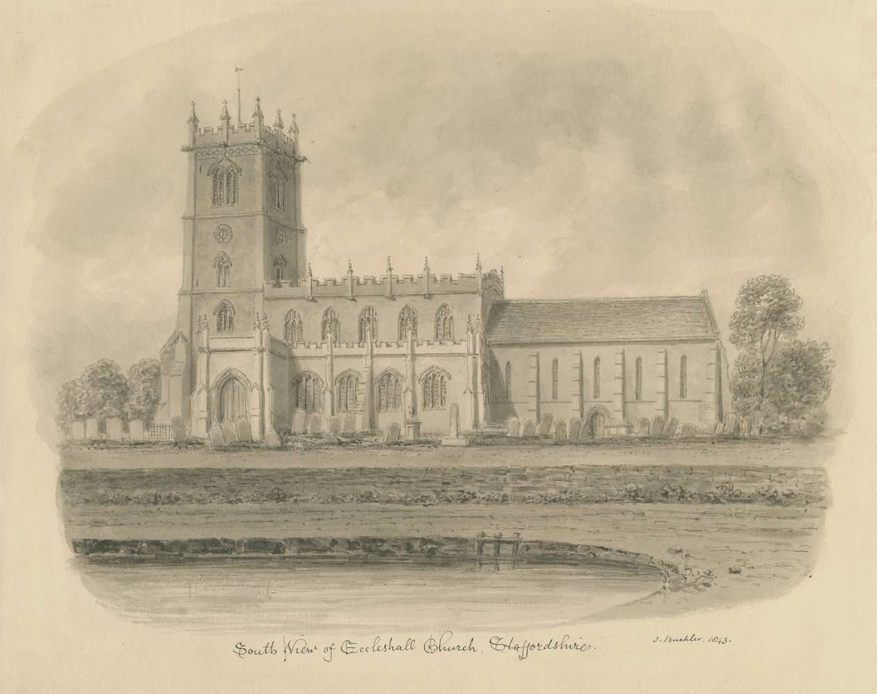 Eccleshall Church: sepia drawing 作者 约翰·巴克勒