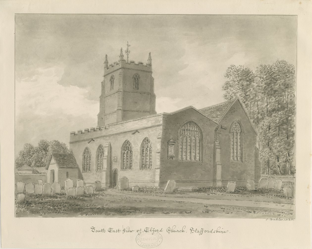 埃尔福德教堂（Elford Church）：棕褐色素描，1838年 作者 约翰·巴克勒