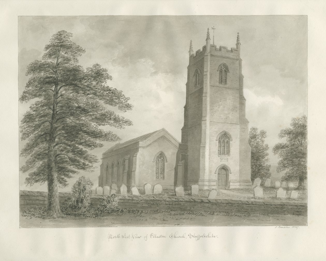 埃拉斯通教堂（Ellastone Church）：棕褐色素描，1847年 作者 约翰·巴克勒