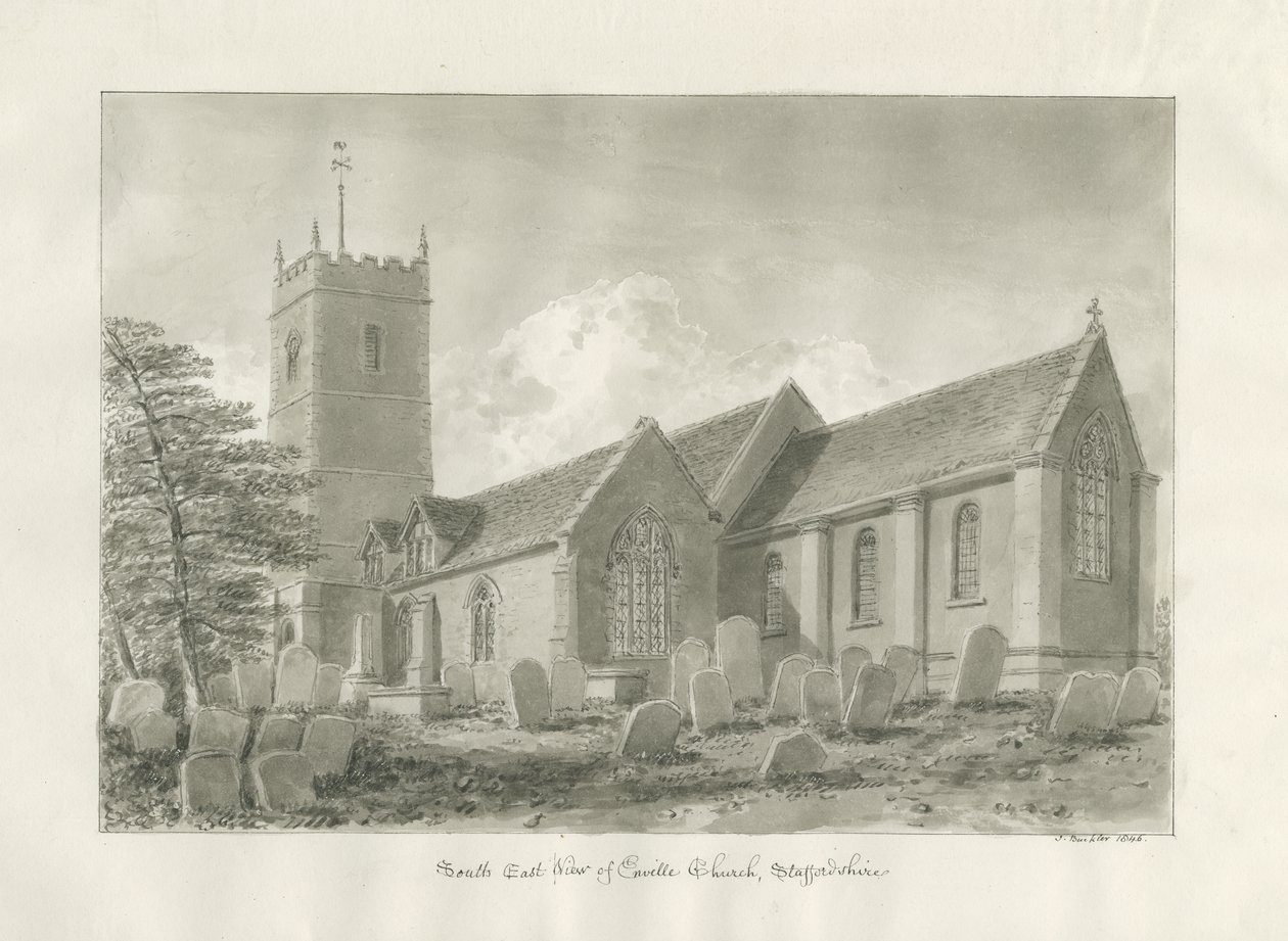恩维尔教堂（Enville Church）：棕褐色素描，1846年 作者 约翰·巴克勒