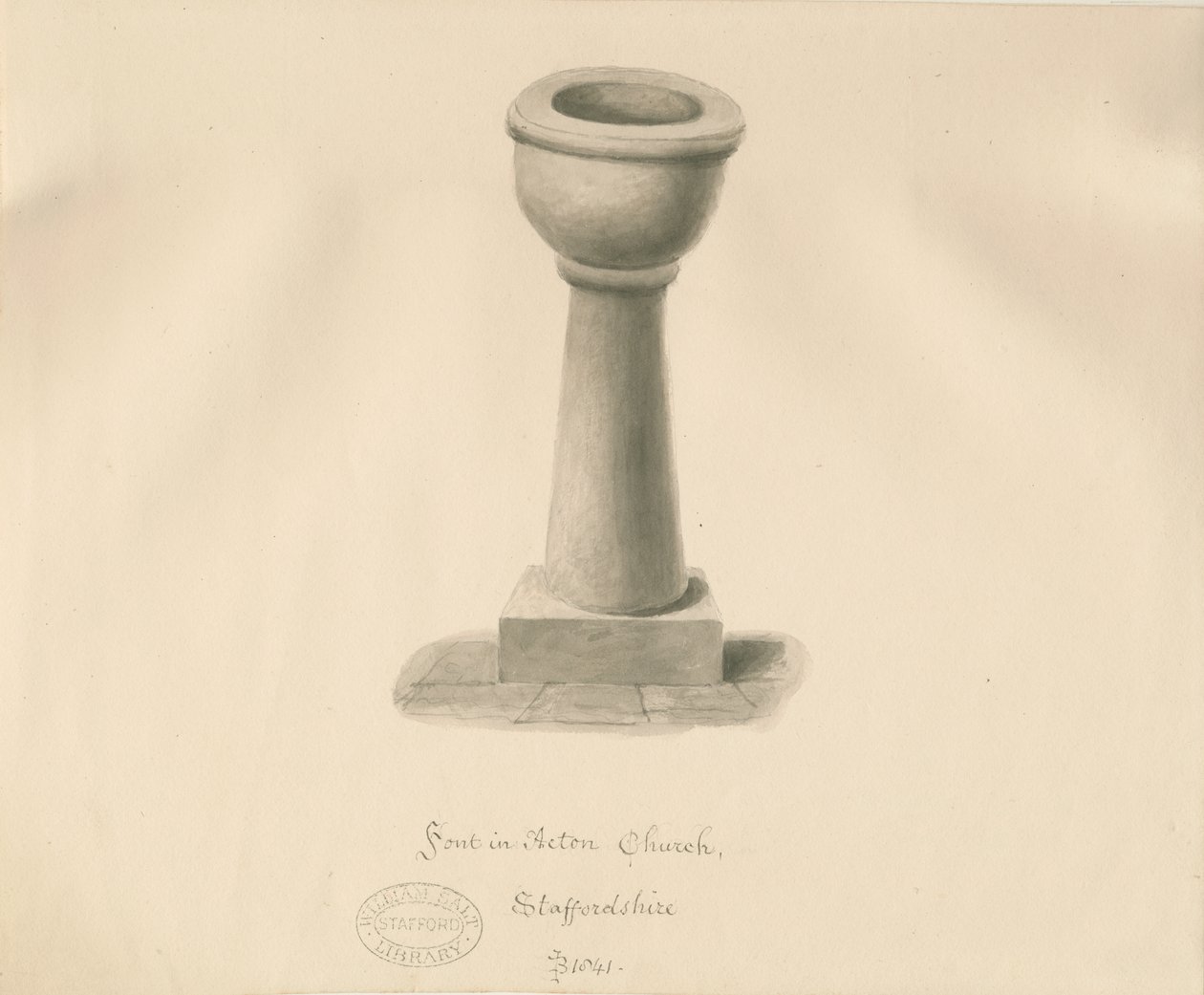 Acton Trussell教堂的字体：棕褐色绘画，1841年 作者 约翰·巴克勒