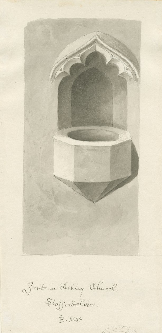 阿什利教堂（Ashley Church）的字体：棕褐色绘图，1843年 作者 约翰·巴克勒