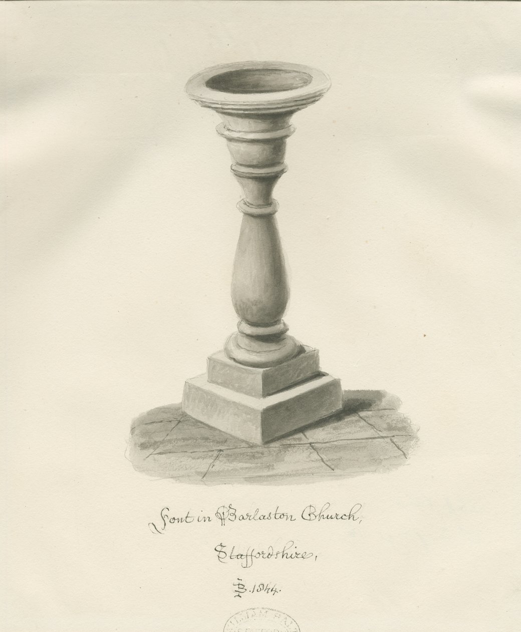Barlaston教堂的字体：棕褐色水墨画，1844年 作者 约翰·巴克勒